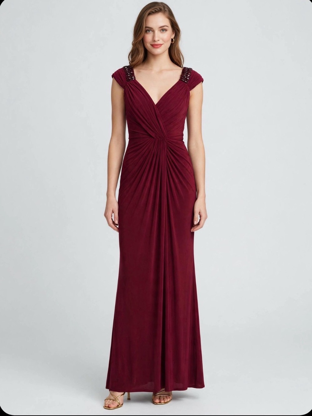 Mignon Burgundy V-Neck Cap Sleeve Maxi Gown